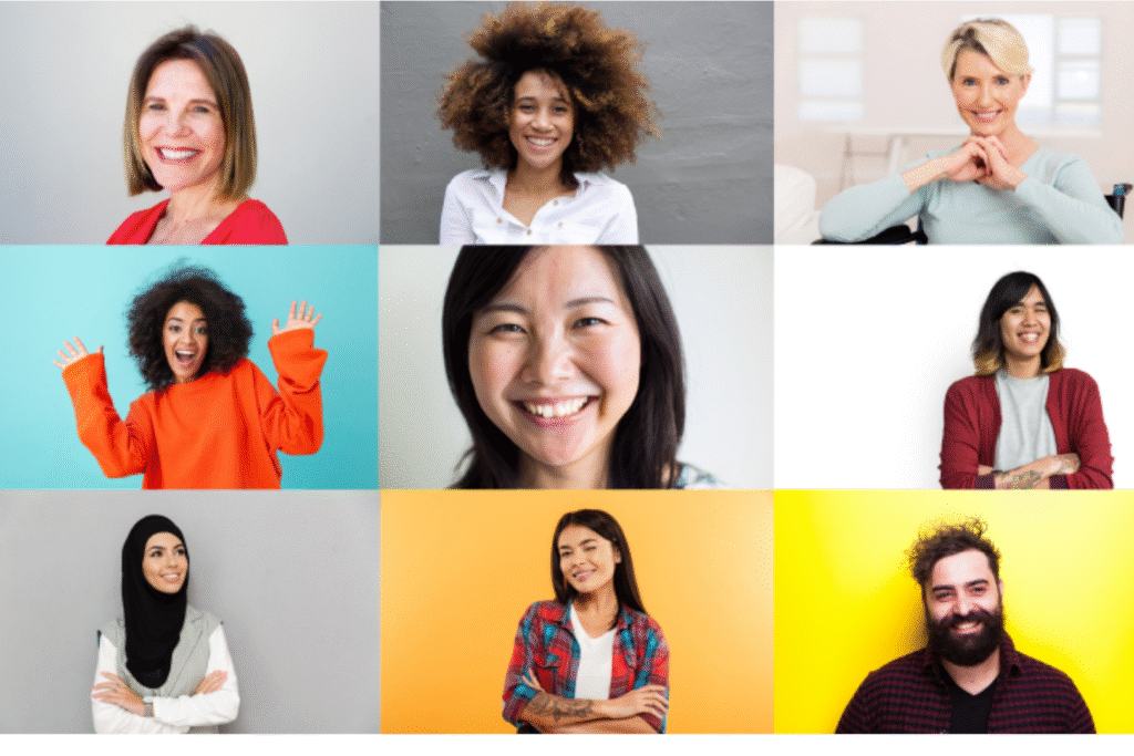 A grid of different pictures of people representing Equity, Diversity and Inclusion