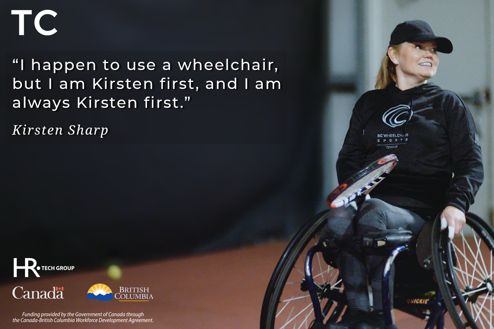 Woman playing tennis in a wheelchair. "I happen to use a wheelchair, but I am Kirsten first, and I am always Kirsten first" Kirsten Sharp