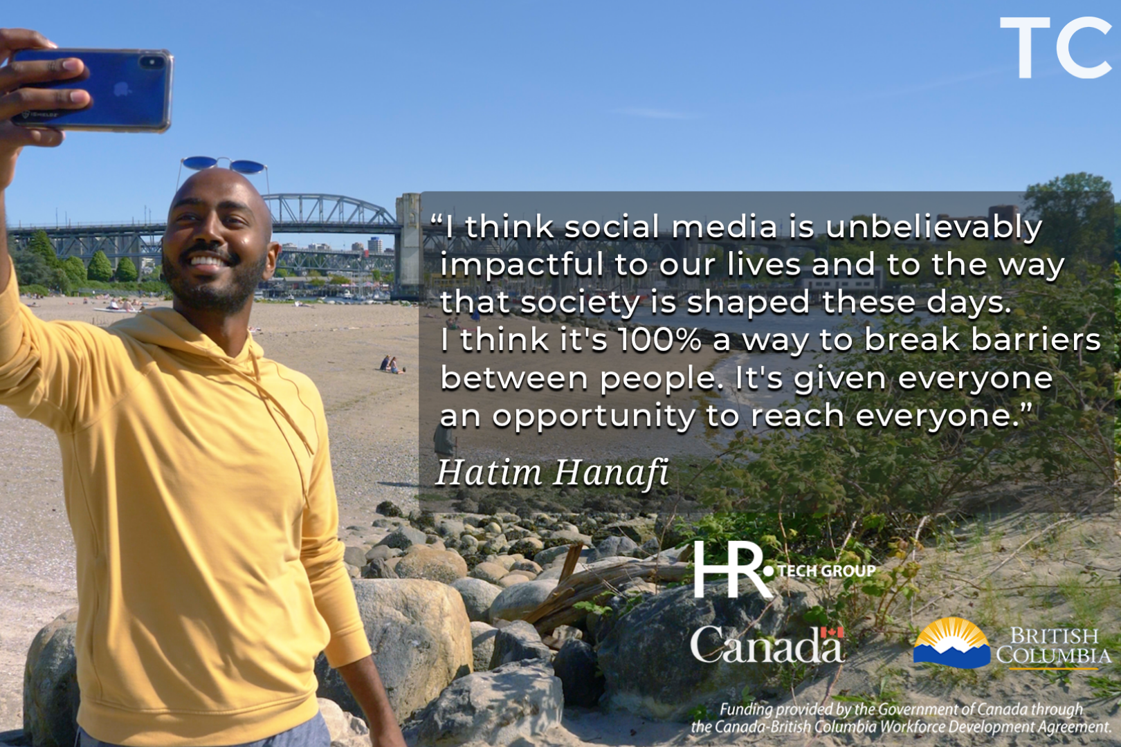 Black man taking a selfie on a beach. "I think social media is unbelievably impactful to our lives and to the way that society is shaped these days. I think it's 100% a way to break barriers between people. It's given everyone an opportunity to reach everyone." Hatim Hanafi