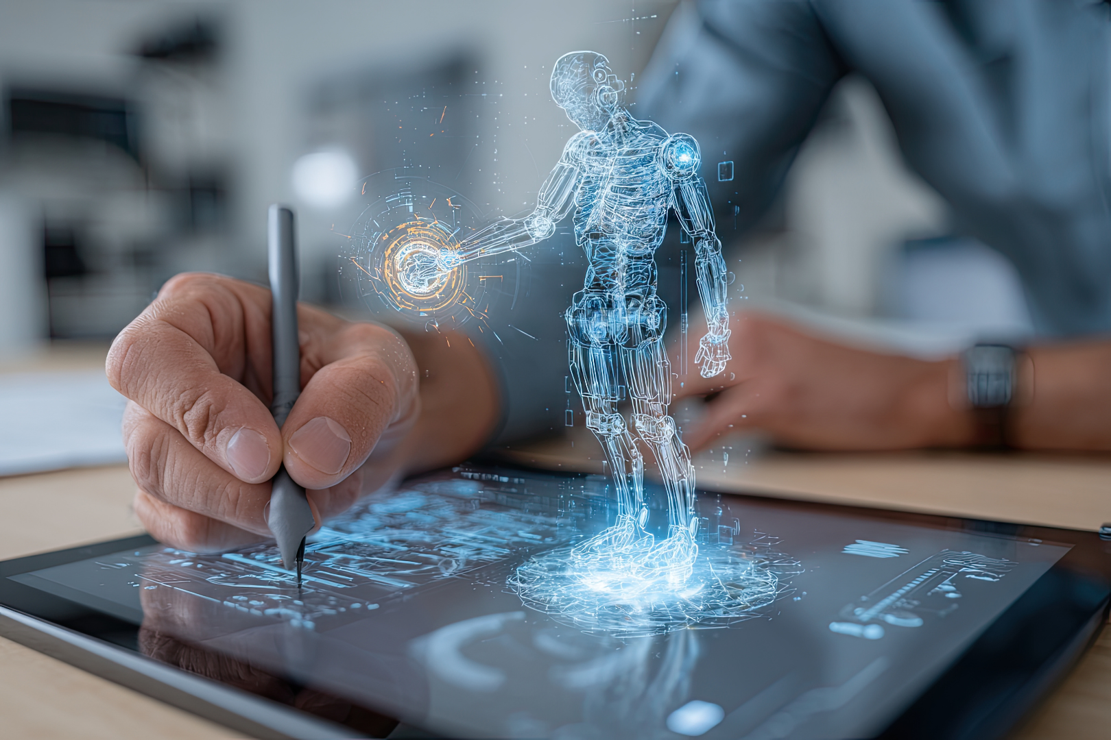 Male human hand, working on a flat computer with a pen, and there is a 3D model of a human coming out of the computer screen.