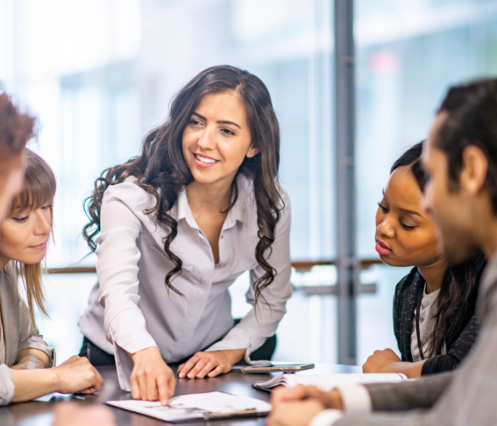 Woman sharing data to her coworkers
